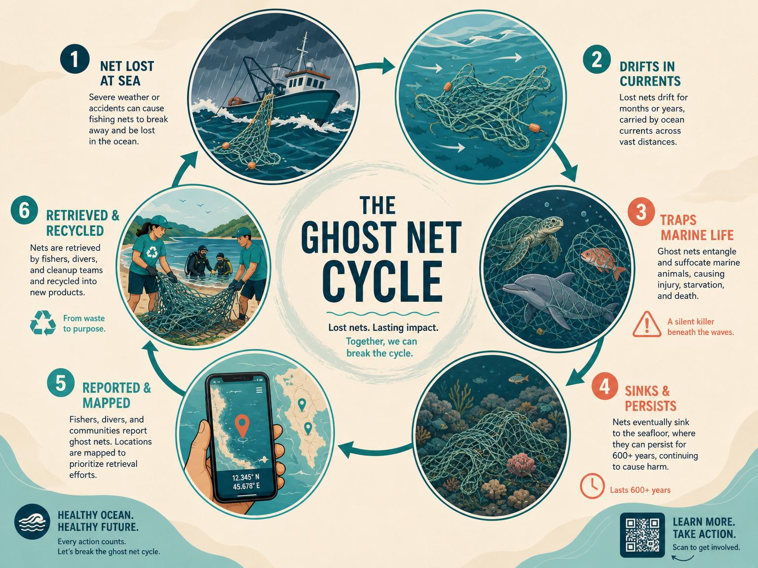 Diagram of the ghost net cycle: net lost at sea, drifts in currents, traps marine life, sinks and persists for 600+ years, gets reported and mapped, then retrieved and recycled.